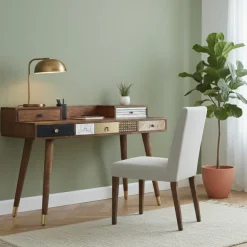 Bureau multi-matériaux peau de vache bois sculpté Naturel - 130x45x88 cm-Bois & Chiffons Outlet