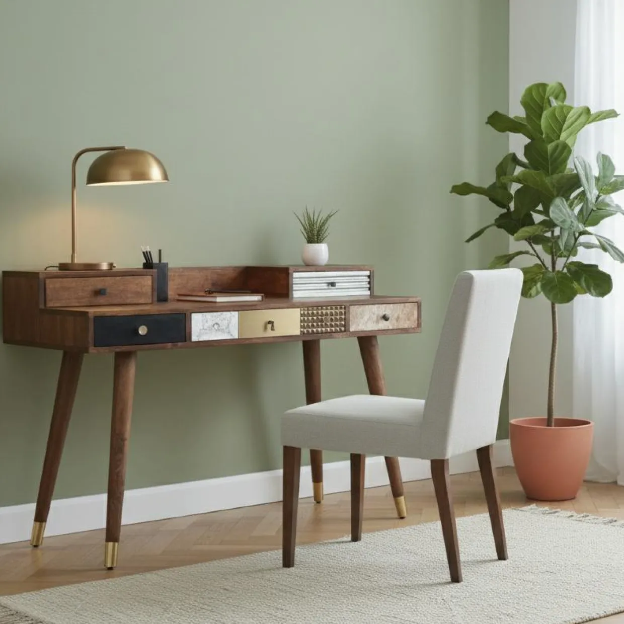 Bureau multi-matériaux peau de vache bois sculpté Naturel - 130x45x88 cm-Bois & Chiffons Outlet