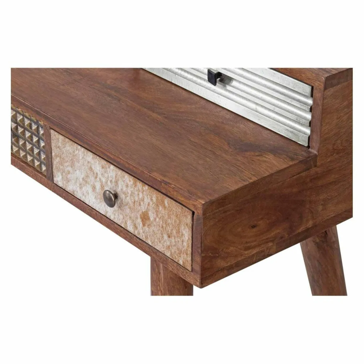 Bureau multi-matériaux peau de vache bois sculpté Naturel - 130x45x88 cm-Bois & Chiffons Outlet