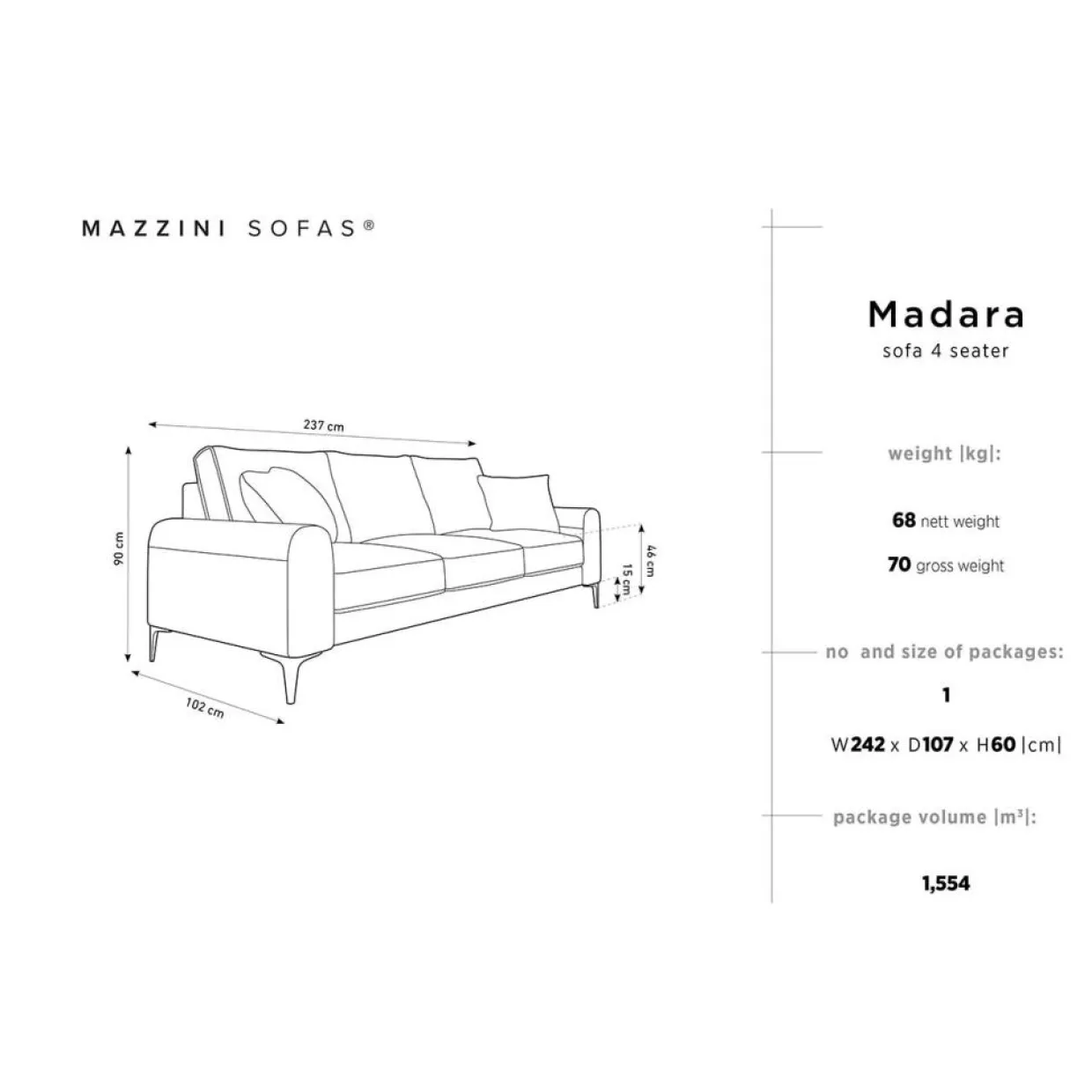Canapé 4 places Madara beige clair - 237x102x90 cm-Mazzini Sofas