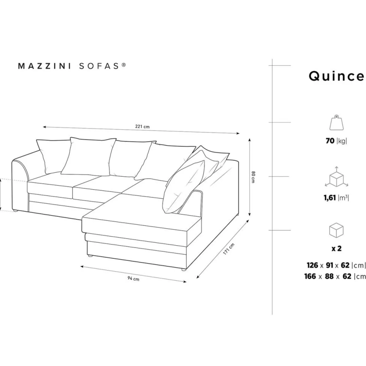 Canapé d'angle droit Quince 4 Places bleu - 221x171x80 cm-Mazzini Sofas Discount
