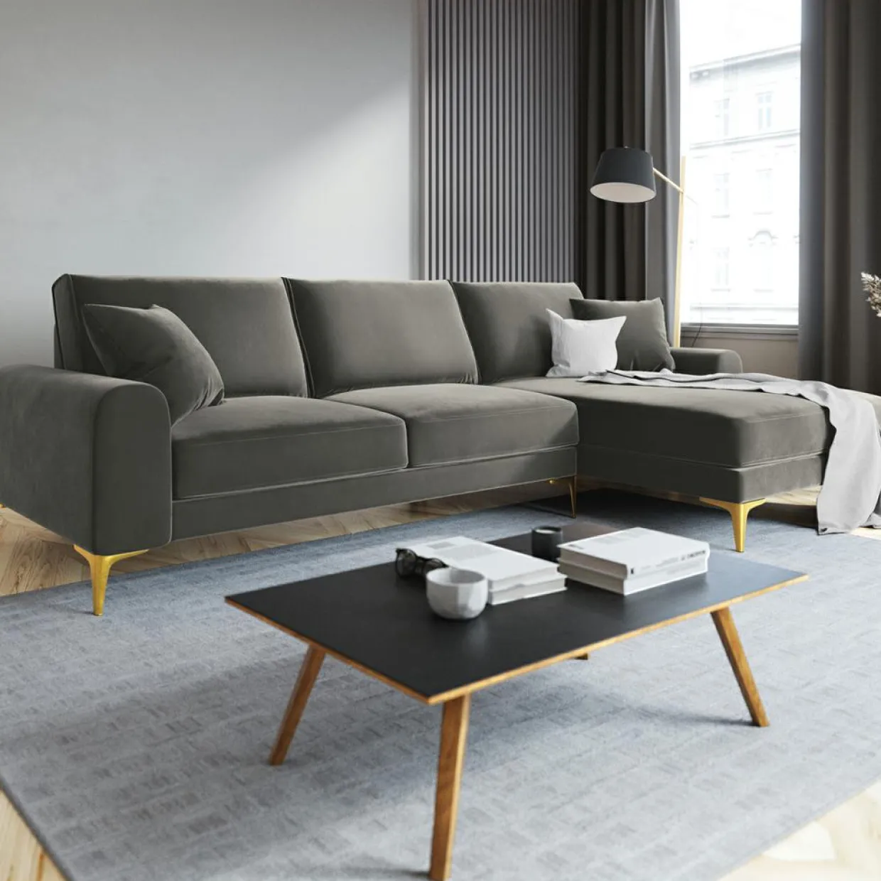 Mazzini Sofas Canapés^Canapé d'angle droit velours madara gris - 254x182x90 cm