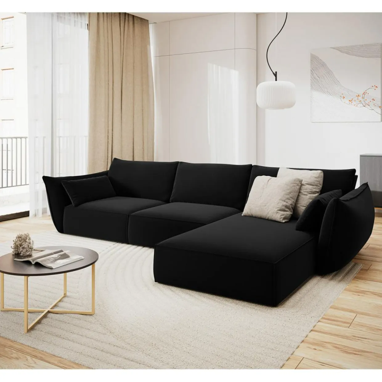 Canapé d'angle droit Velours Vanda 4 Places noir - 300x166x85 cm-Mazzini Sofas Sale