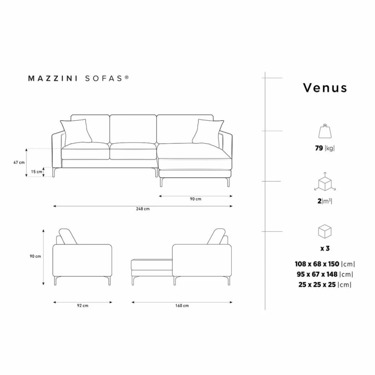 Canapé d'angle Droit Velours Venus 4 Places gris - 248x160x90 cm-Mazzini Sofas Clearance
