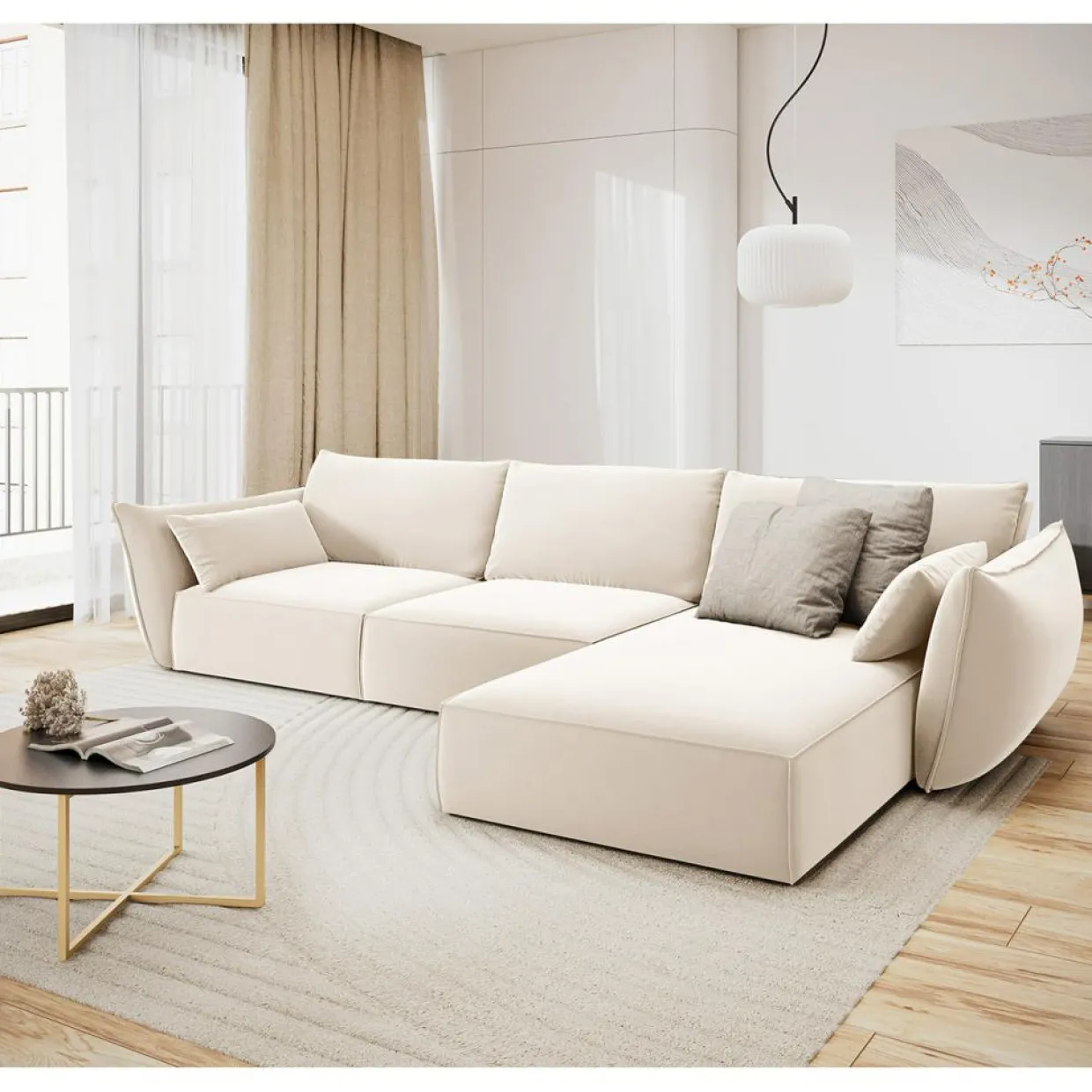Mazzini Sofas Canapés^Canapé d'angle droit Velours Vanda 4 Places beige clair - 300x166x85 cm