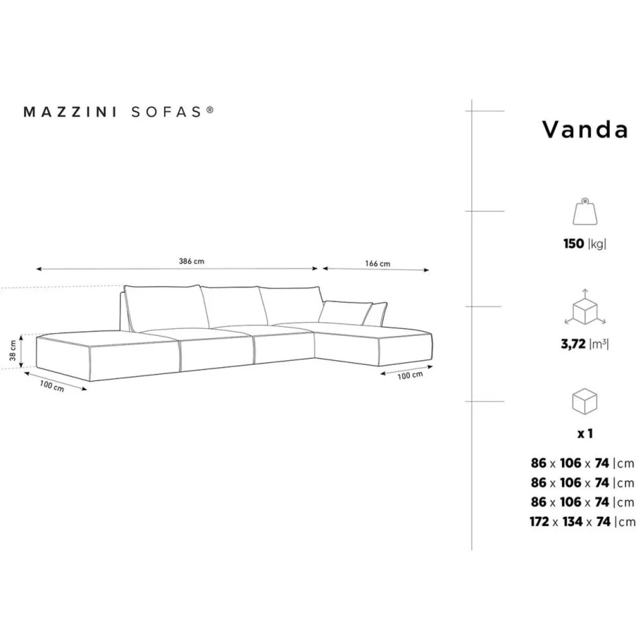 Canapé d'angle droit Velours Vanda 5 Places beige clair - 386x166x85 cm-Mazzini Sofas Hot