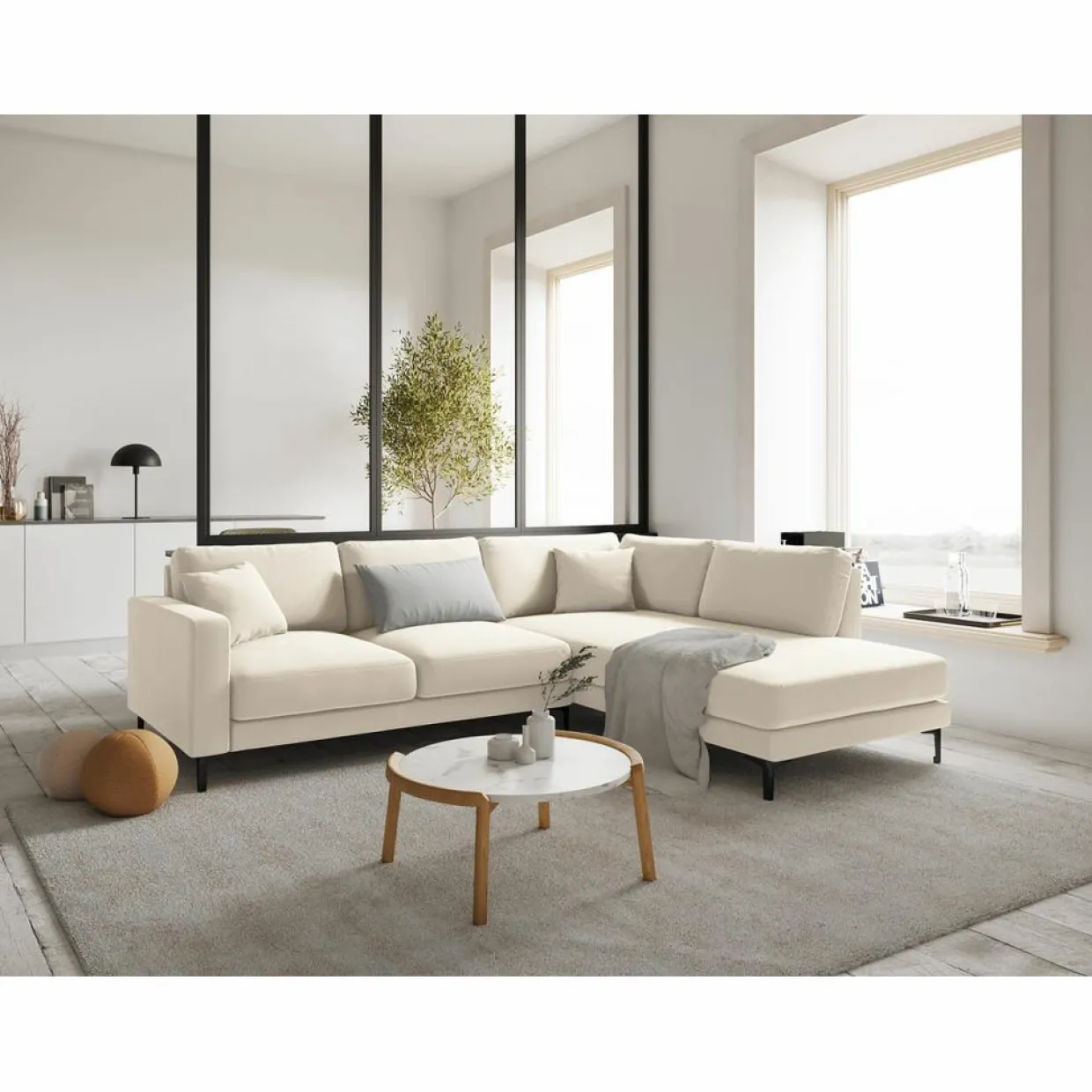Canapé d'angle Droit Velours Venus 5 Places beige clair - 254x185x90 cm-Mazzini Sofas