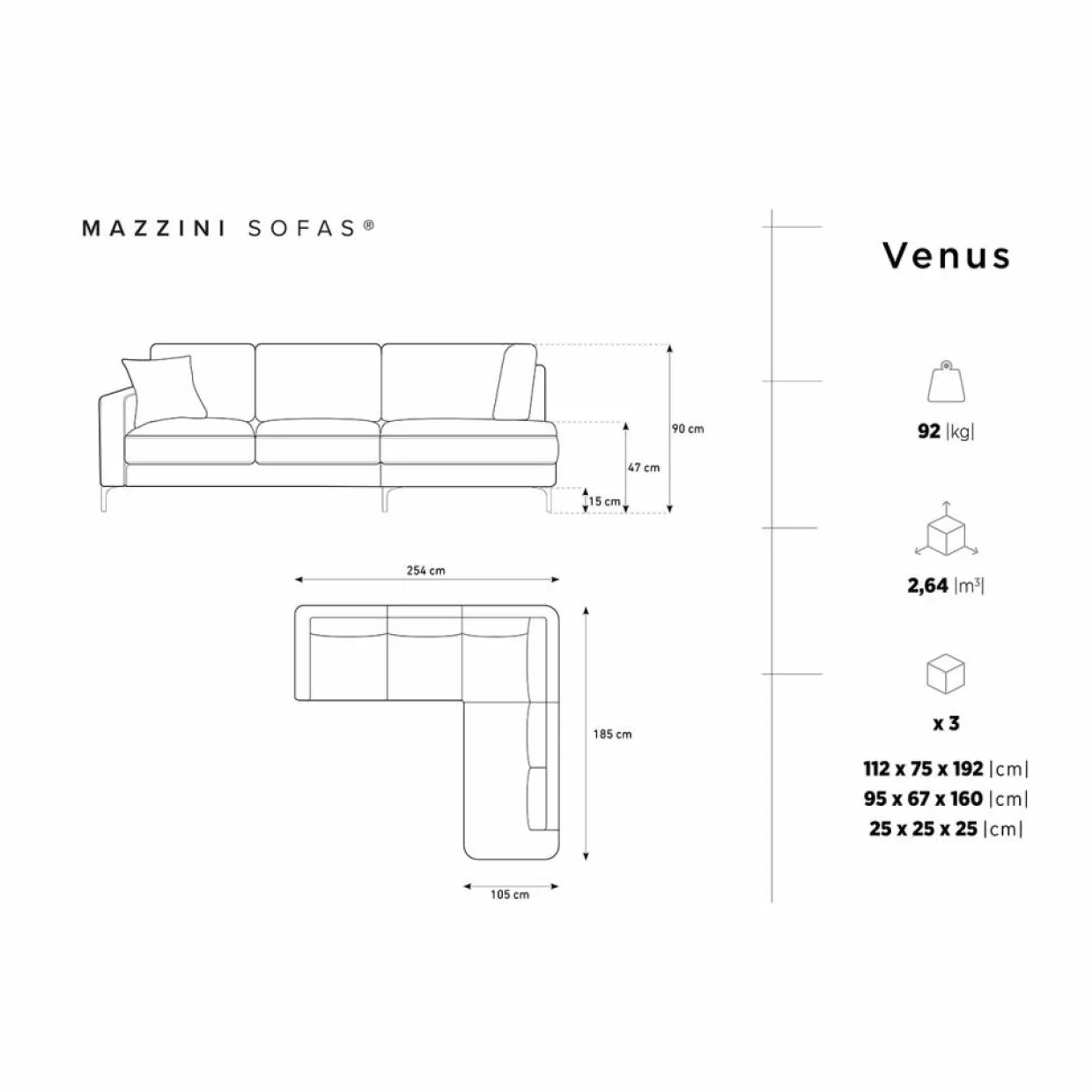 Canapé d'angle Droit Venus 5 Places gris foncé - 254x185x90 cm-Mazzini Sofas Hot