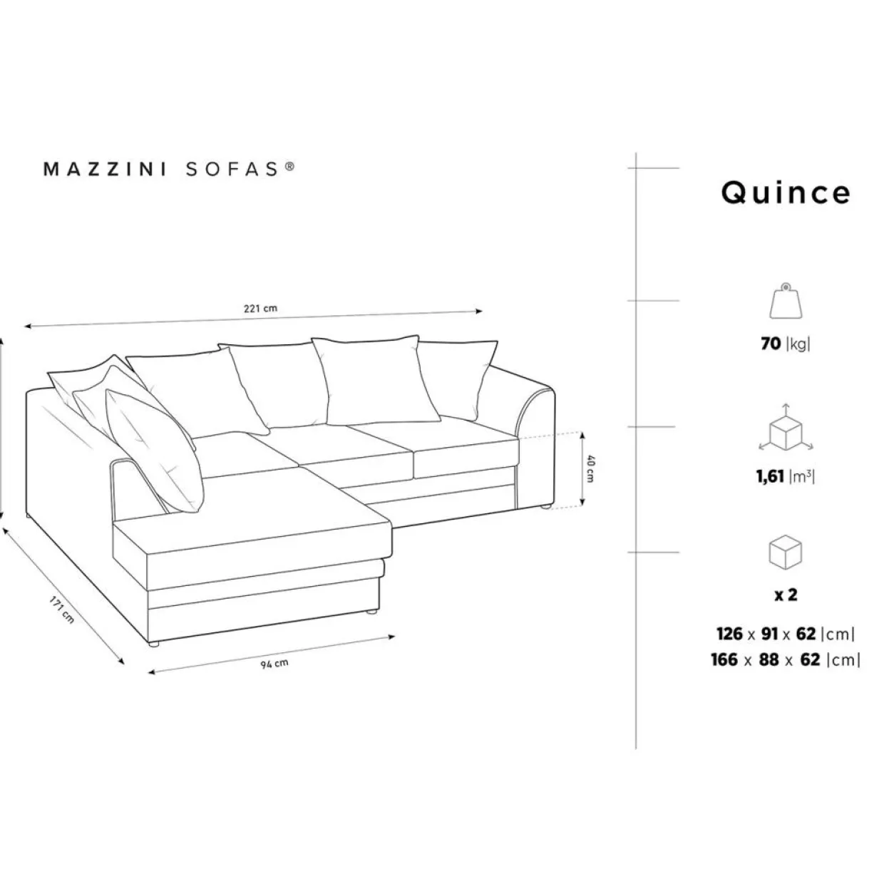 Mazzini Sofas Canapés^Canapé d'angle gauche Quince 4 Places gris foncé - 221x171x80 cm