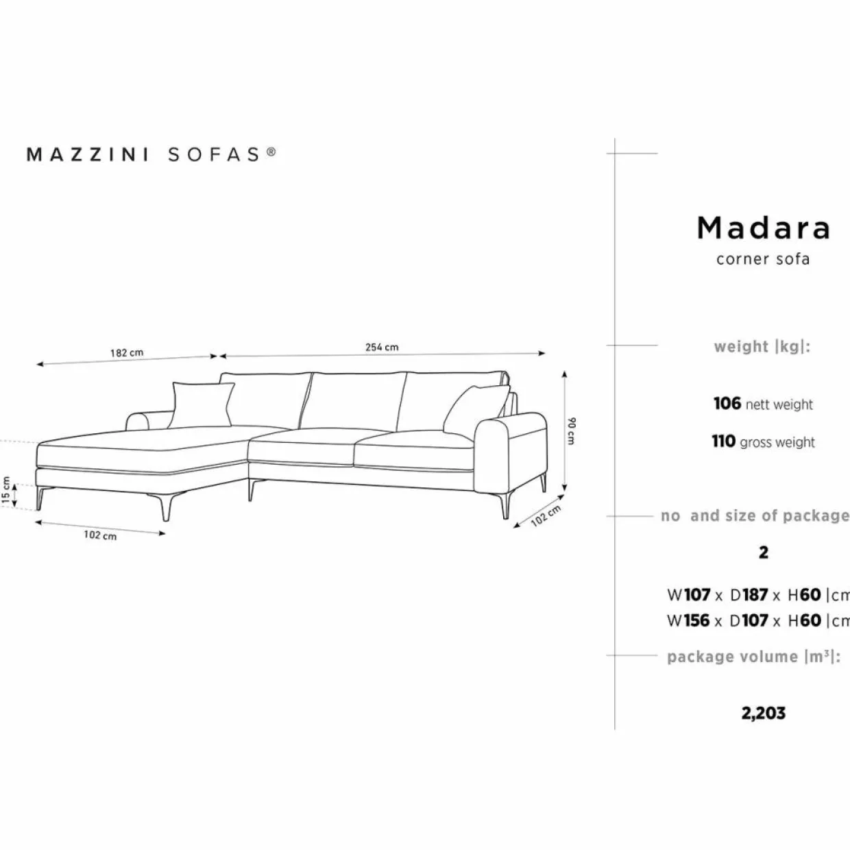 Canapé d'angle gauche velours madara gris - 254x182x90 cm-Mazzini Sofas
