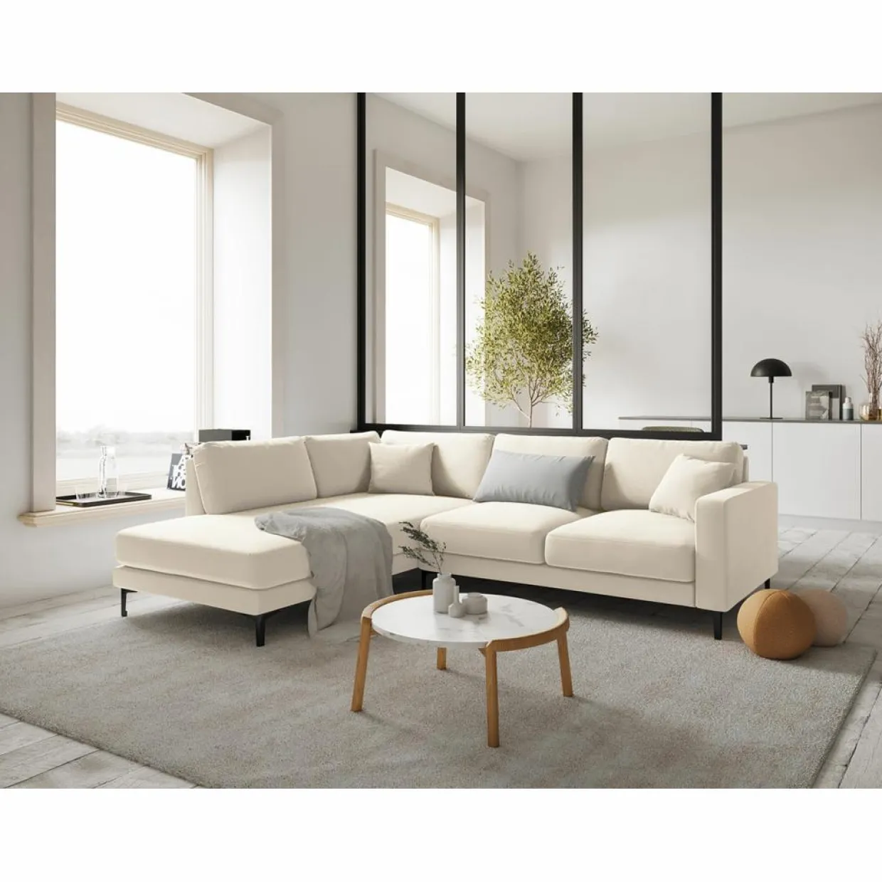 Mazzini Sofas Canapés^Canapé d'angle Gauche Velours Venus 5 Places beige clair - 254x185x90 cm