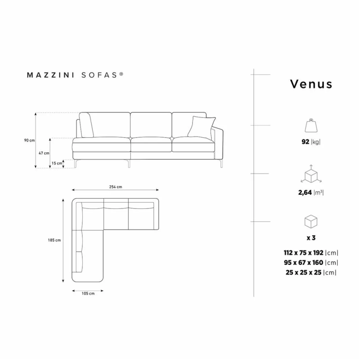 Canapé d'angle Gauche Velours Venus 5 Places gris - 254x185x90 cm-Mazzini Sofas New