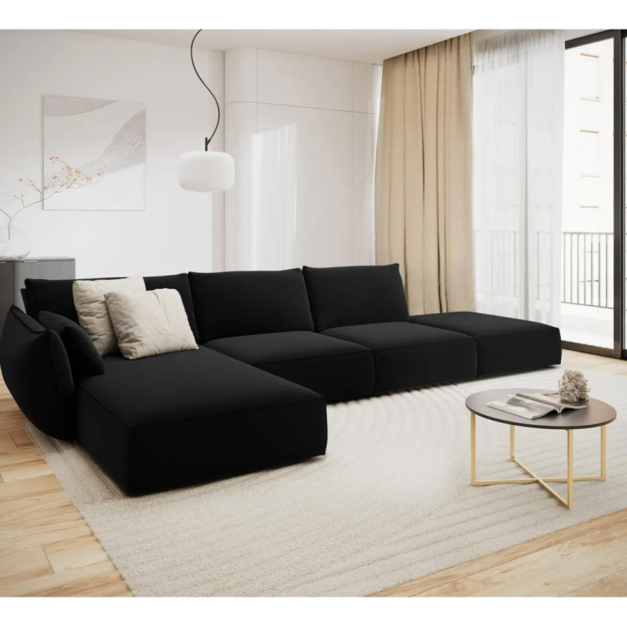 Mazzini Sofas Canapés^Canapé d'angle gauche Velours Vanda 5 Places noir - 386x166x85 cm