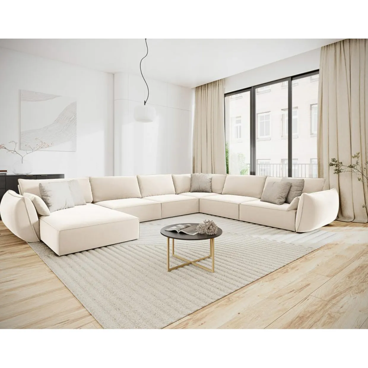 Canapé d'angle Panoramique droit Velours Vanda 8 Places beige clair - 384x284x85 cm-Mazzini Sofas Clearance
