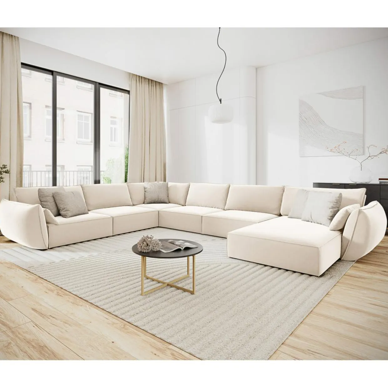 Canapé d'angle Panoramique gauche Velours Vanda 8 Places beige clair - 384x284x85 cm-Mazzini Sofas