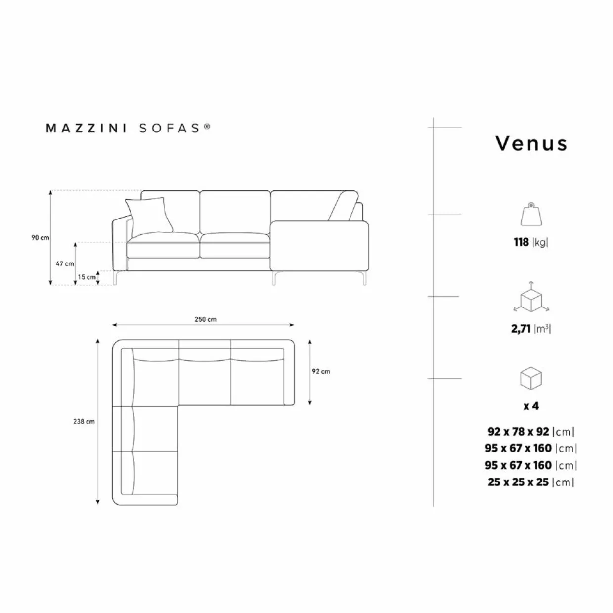 Canapé d'angle Symétrique En Velours Venus 5 Places gris - 250x238x90 cm-Mazzini Sofas Clearance