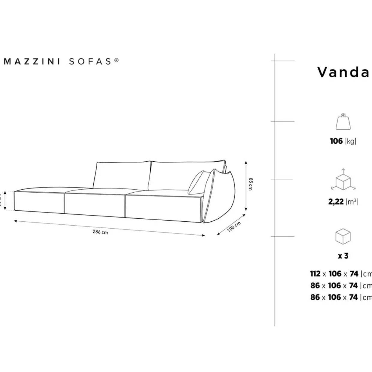 Mazzini Sofas Canapés^Canapé droit Velours Vanda 4 Places noir - 286x100x85 cm