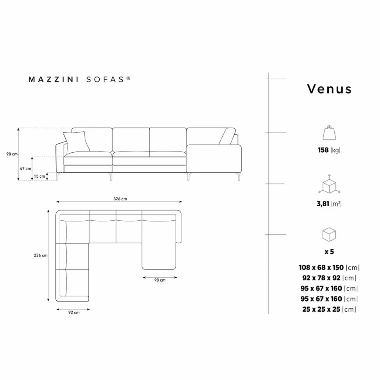 Canapé Panoramique gauche Velours Venus 6 Places gris - 326x236x90 cm-Mazzini Sofas Sale