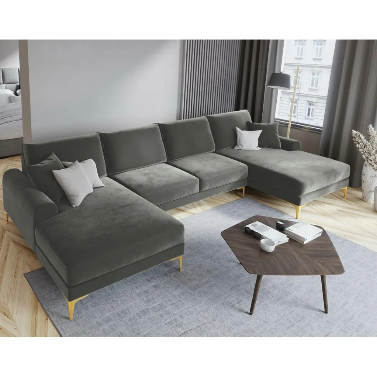 Mazzini Sofas Canapés^Canapé Panoramique Velvet 6 places Madara gris - 334x182x90 cm