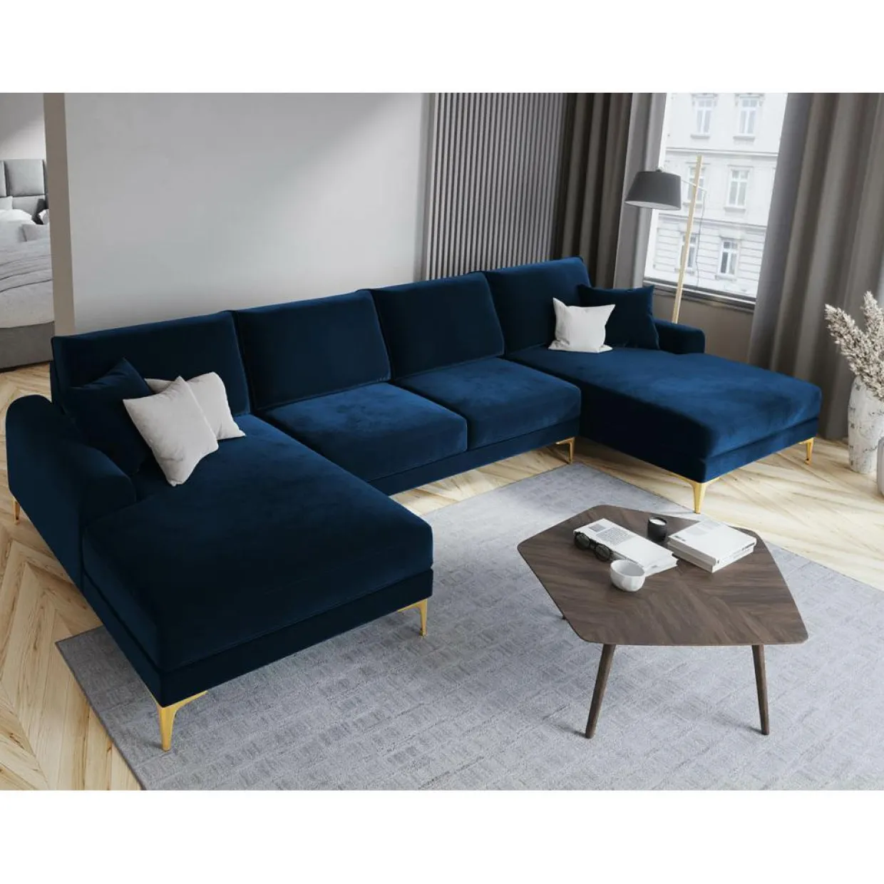 Canapé Panoramique Velvet 6 places Madara bleu roi - 334x182x90 cm-Mazzini Sofas Hot