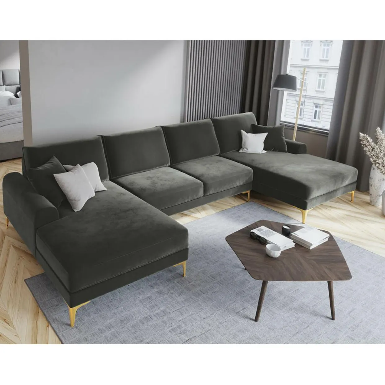 Mazzini Sofas Canapés^Canapé Panoramique Velvet 6 places Madara beige - 334x182x90 cm