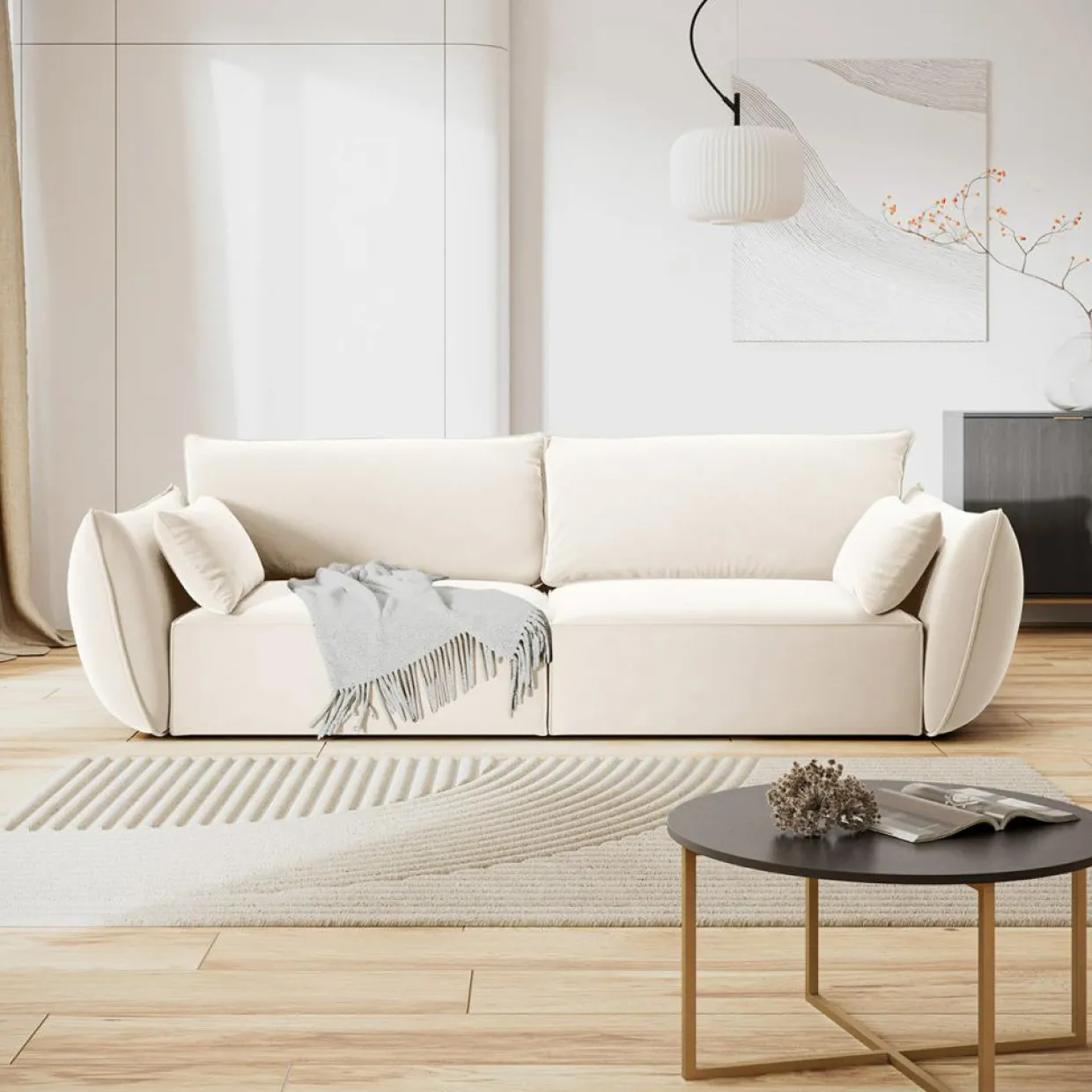 Mazzini Sofas Canapés^Canapé Velours Vanda 3 Places beige clair - 208x100x85 cm