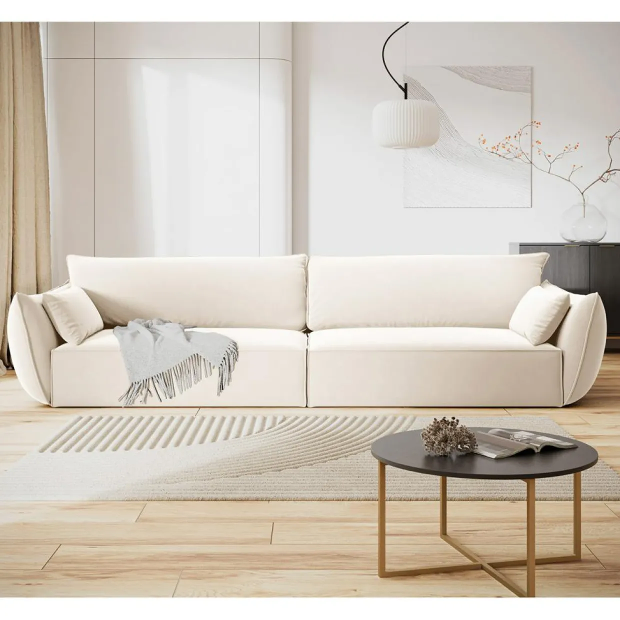 Canapé Velours Vanda 4 Places beige clair - 248x100x85 cm-Mazzini Sofas Discount