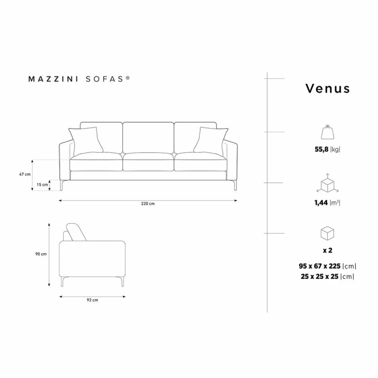 Canapé Venus 3 Places gris foncé - 220x92x90 cm-Mazzini Sofas New