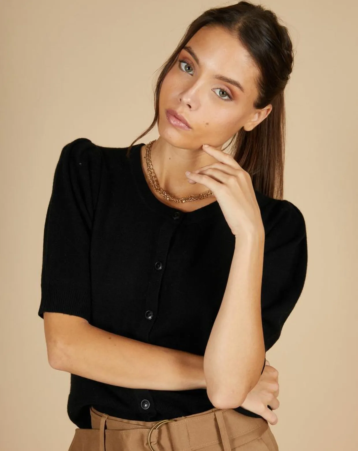 Cardigan 100% Cachemire Claire manches ballon noir-Cashmere Tribu Online