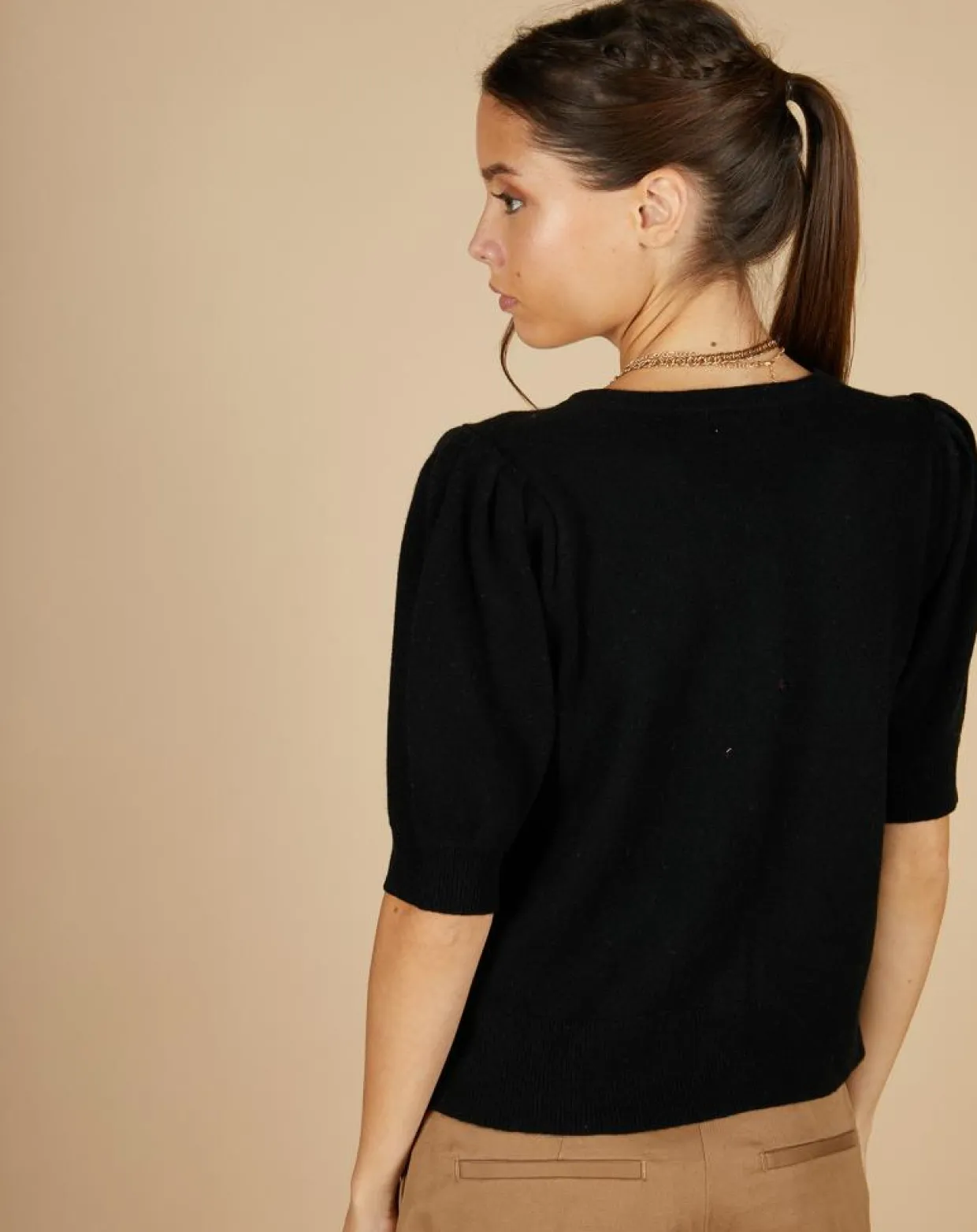 Cardigan 100% Cachemire Claire manches ballon noir-Cashmere Tribu Online
