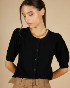 Cardigan 100% Cachemire Claire manches ballon noir-Cashmere Tribu Online