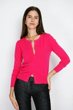 Cardigan en Cachemire mélangé ras de cou fushia-Assuili Online