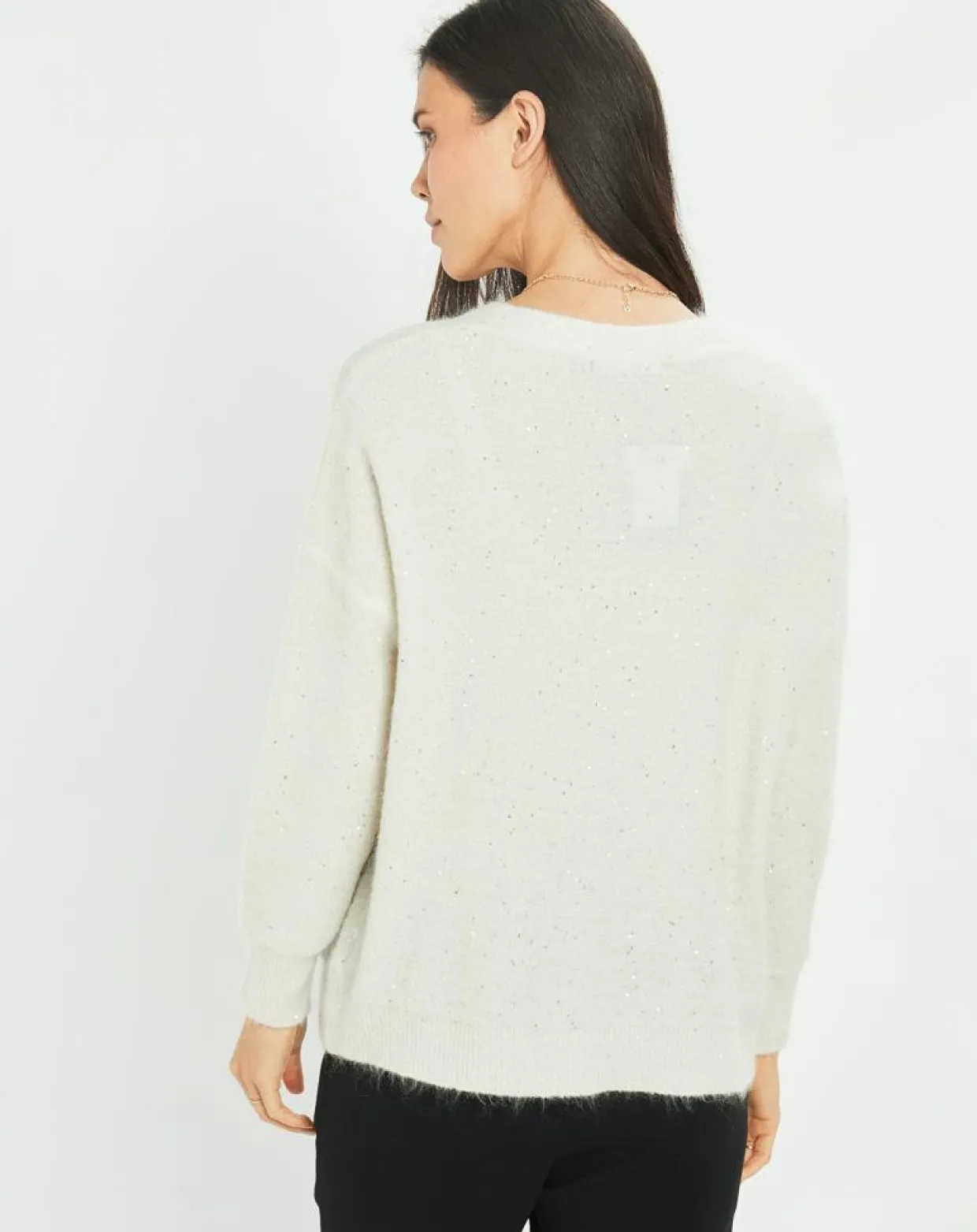 Cardigan en Laine & Mohair mélangés Basal à sequins blanc perle-Lauren Vidal Sale