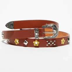 Ceinture fine en Cuir à clous marron-Wild Clearance
