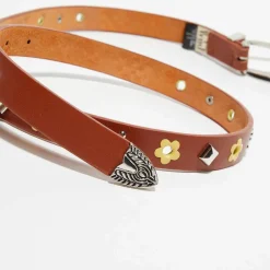 Ceinture fine en Cuir à clous marron-Wild Clearance