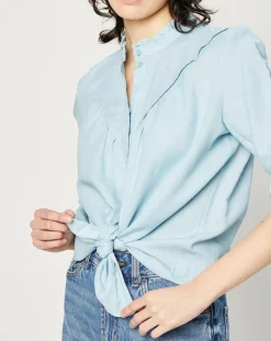 Chemise en Lin & Coton à Col Volant bleu clair-Esprit Sale