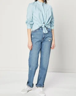 Chemise en Lin & Coton à Col Volant bleu clair-Esprit Sale