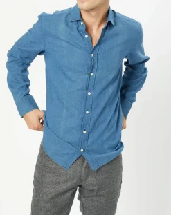 Chemise en Lin & Coton Slim Fit Text micro imprimé bleu moyen-Hackett London Clearance