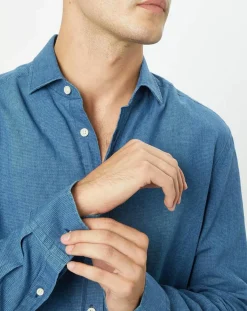 Chemise en Lin & Coton Slim Fit Text micro imprimé bleu moyen-Hackett London Clearance