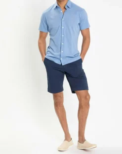Homme Hackett London Chemises^Chemise en Lin & Coton Slim Fit manches courtes Tricot bleu moyen