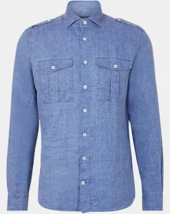 Homme Hackett London Chemises^Chemise en Lin double poche bleu moyen