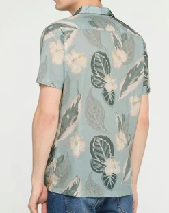 Chemise en Lin mélangé Bowling à imprimé tropical vert clair-Hackett London Discount