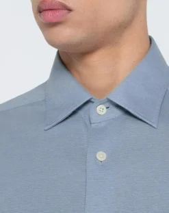 Chemise en Lin mélangé Slim Fit Polo Piqué bleu clair-Hackett London Clearance