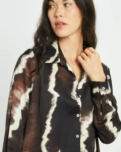Chemise satinée Plume imprimée café-Lauren Vidal Outlet