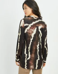 Chemise satinée Plume imprimée café-Lauren Vidal Outlet