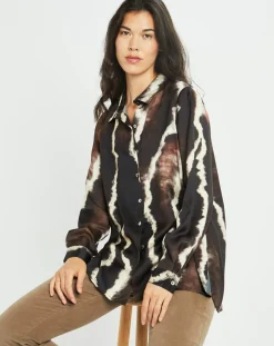 Chemise satinée Plume imprimée café-Lauren Vidal Outlet