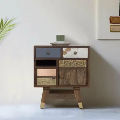 Chevet multi-matériaux peau de vache bois sculpté Naturel - 50x40x55 cm-Bois & Chiffons Hot