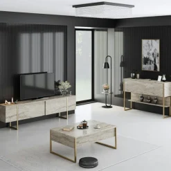 Wooden Art Tables^Console Luxe travertin/doré - 120x80x30 cm