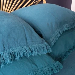Coussin en lin frangé bleu 80x80cm-Bed and Philosophy Best