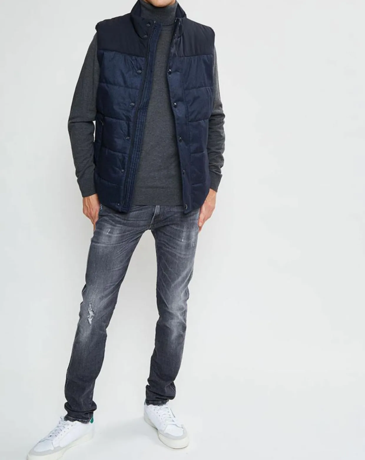 Doudoune bi-matière sans manches bleu marine-Hackett London Discount